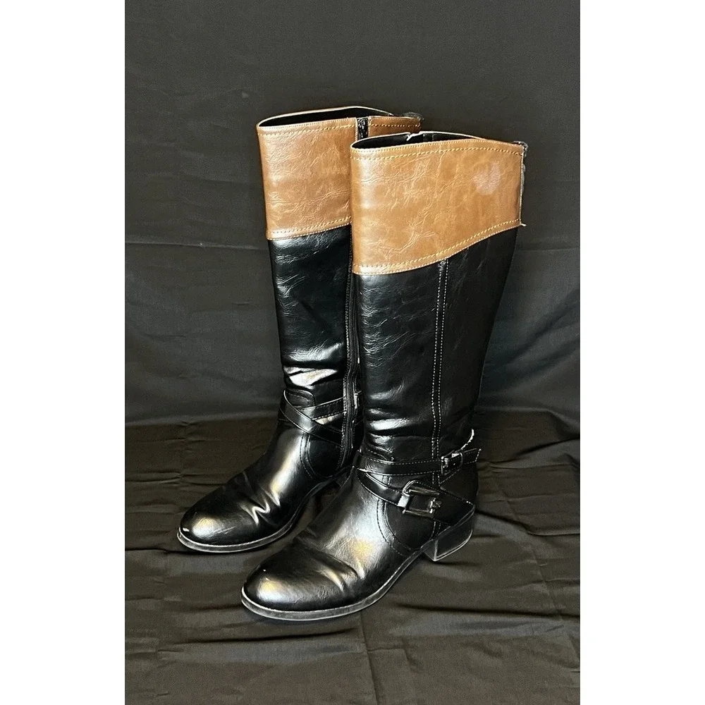 Unisa Untrinee Knee High Boots Size 9.5M Black Brown‎ Faux Leather Riding Boots